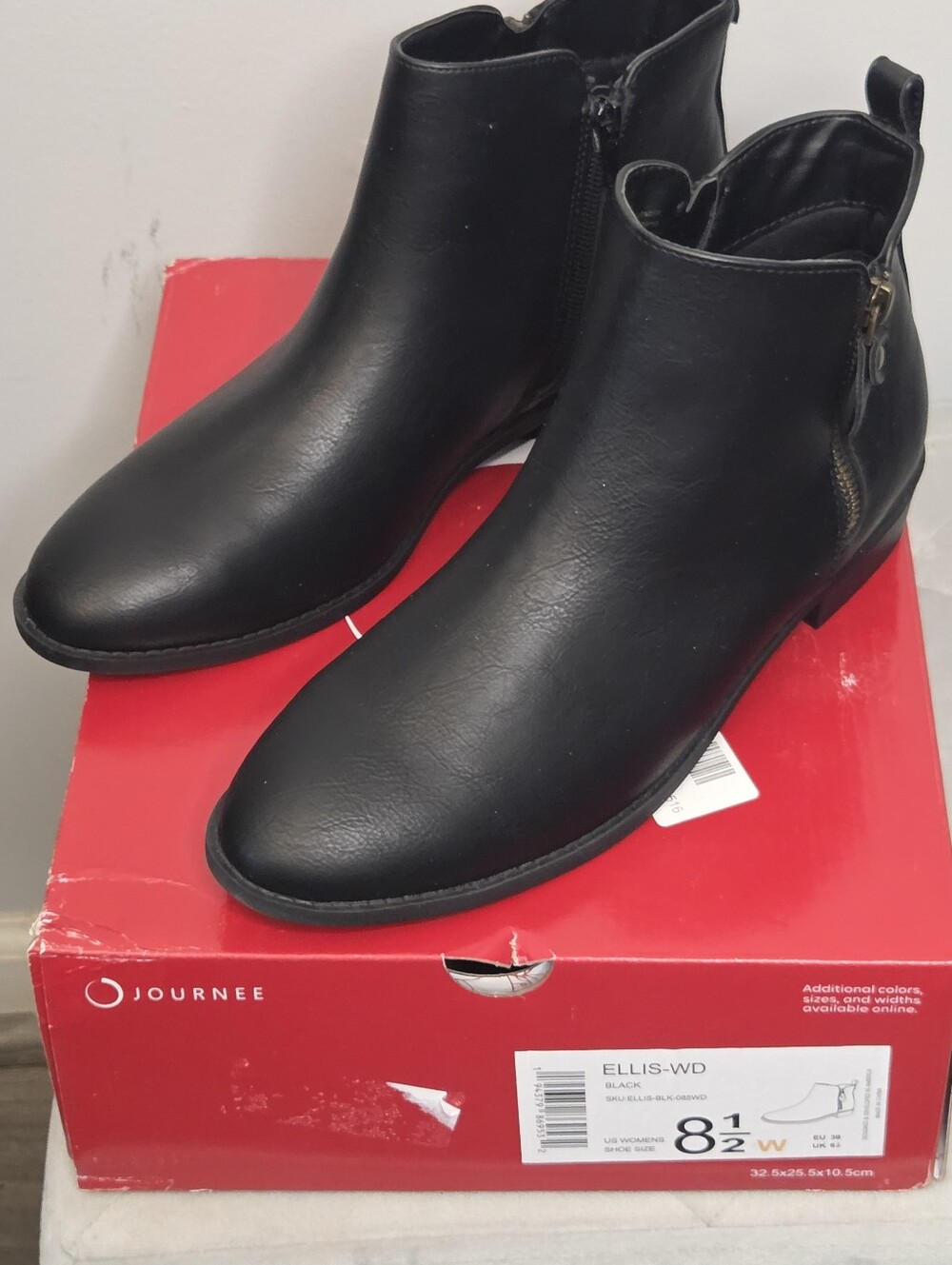 Journee Ellis Women's Black Faux Leatger Ankle Boots, Low Heel, Sz 8.5 W, NIB
